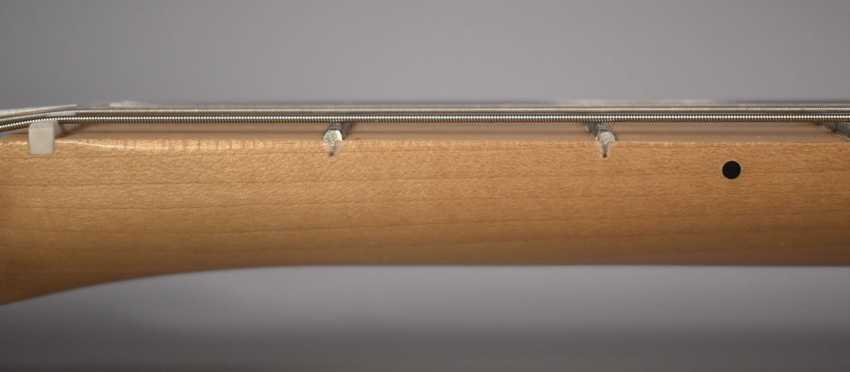Close-up of the light wood neck, showing two string trees, a black dot inlay, and the low E string over the nut.