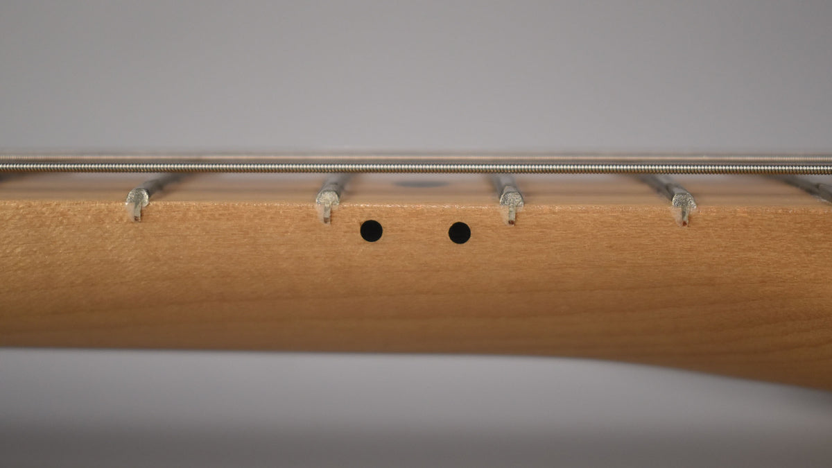 Close-up of the light-colored maple fretboard with two black dot inlays and four frets with strings running over them.