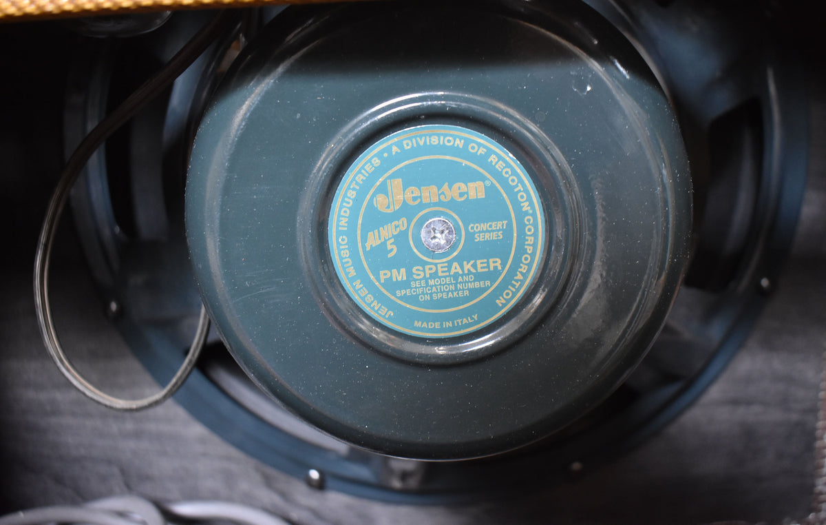 A close-up of the amplifier's dark teal speaker, showing its light blue label and a few white scuffs on the cone.