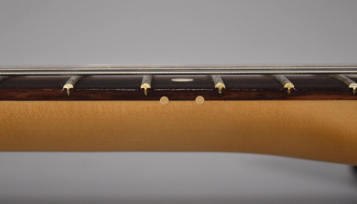 Close-up of the Telecaster's maple neck and dark fretboard, showing two side dot markers and four frets with strings.