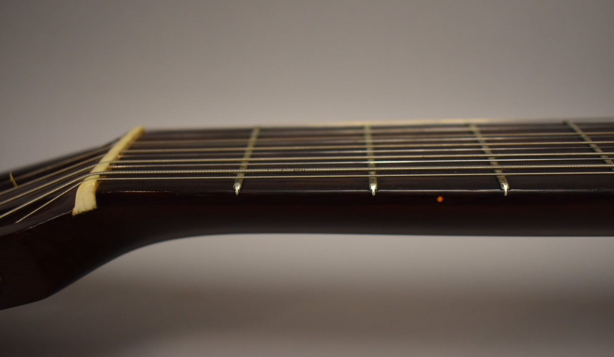A close-up of the dark brown fretboard and nut of a 12-string acoustic guitar, showing light wear on the frets and a single orange dot inlay.
