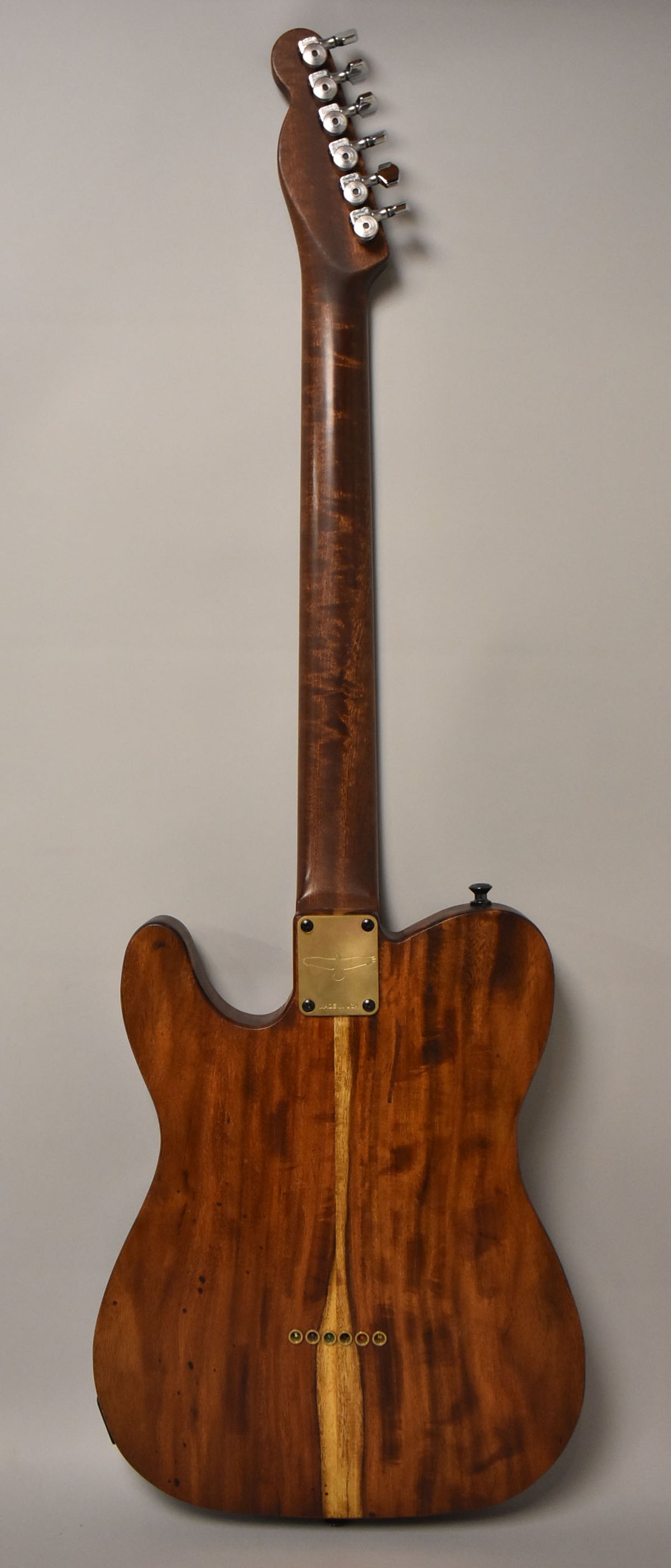 Full rear view of a natural finish T-style guitar, showing a dark brown body with a lighter wood stripe, brass neck plate, and string ferrules.