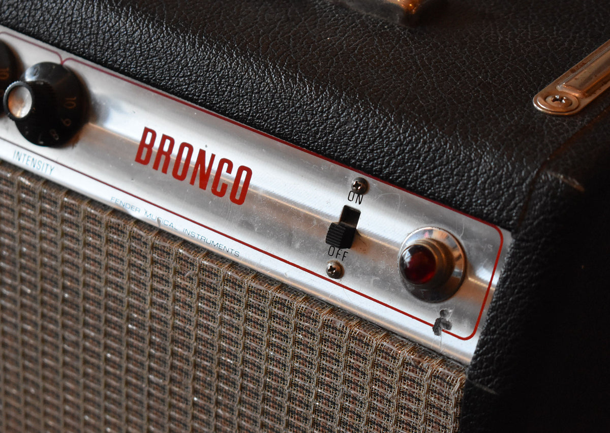 Close-up of the amp's silver control panel with red lettering, black knobs, a toggle switch, and a red pilot light.