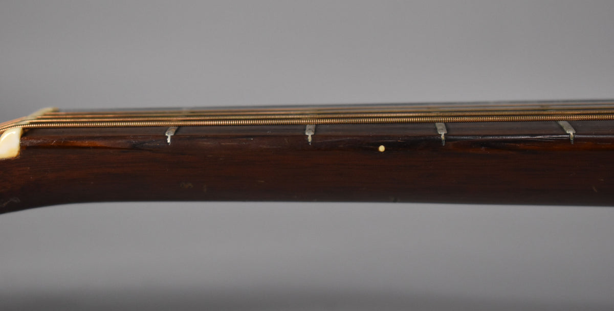 Close-up of the dark brown fretboard, showing four frets, a side dot, and some wear along the edge.