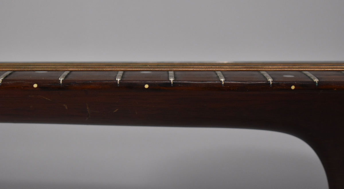 The guitar's dark brown fretboard is shown from the side, with light wear, small white dot inlays, and bronze strings.