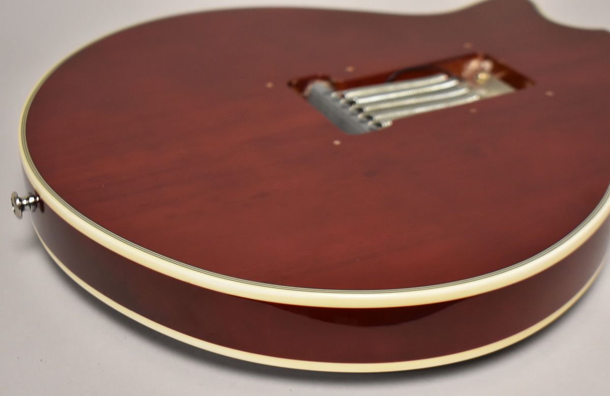 The guitar's cherry red back and side are visible, with cream binding and a tremolo spring cavity showing six springs.