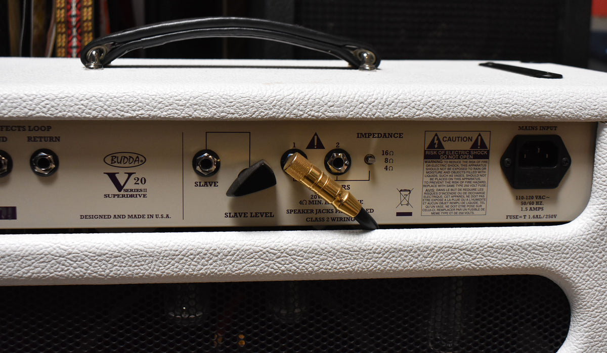 The white textured amp's rear panel shows various inputs, outputs, and a gold-colored speaker jack with a black tip.