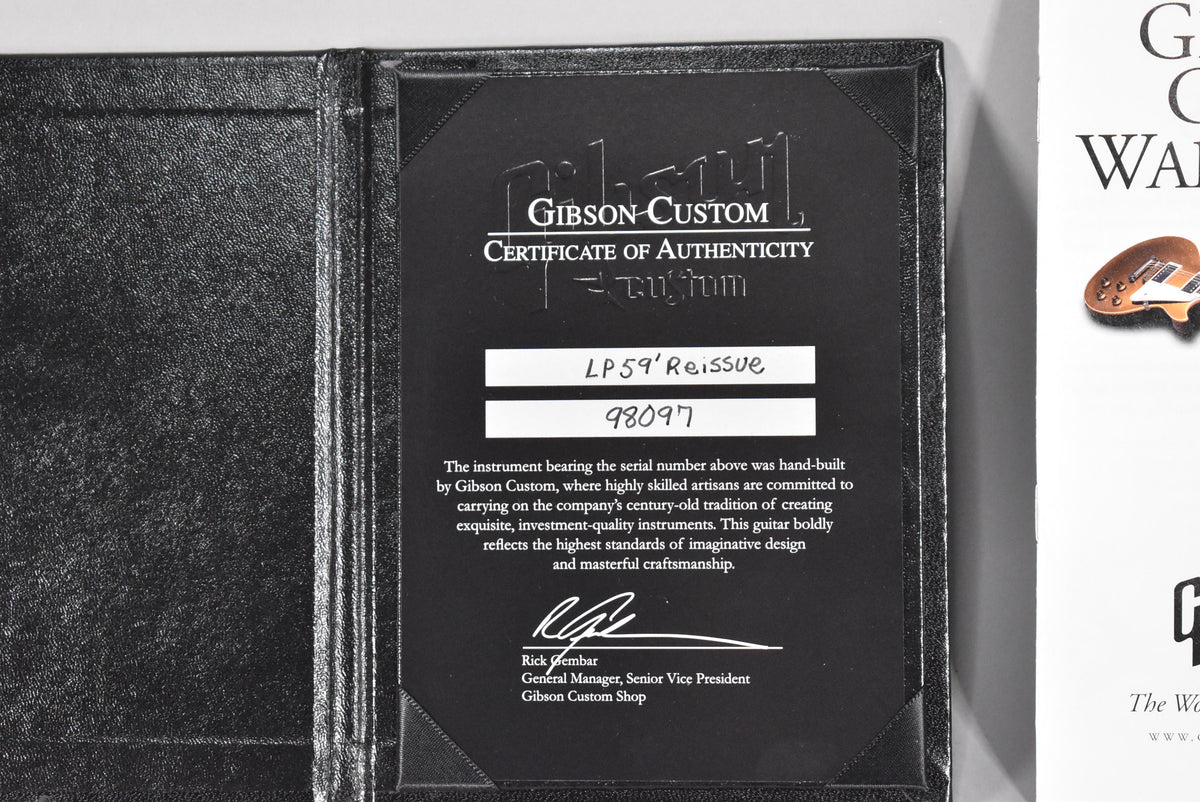 The black leatherette folder holds a Certificate of Authenticity for an "LP59' Reissue" with serial number "98097".