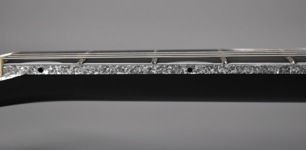 Close-up of the guitar's black fretboard and silver-sparkle binding, showing the frets and strings from a side angle.