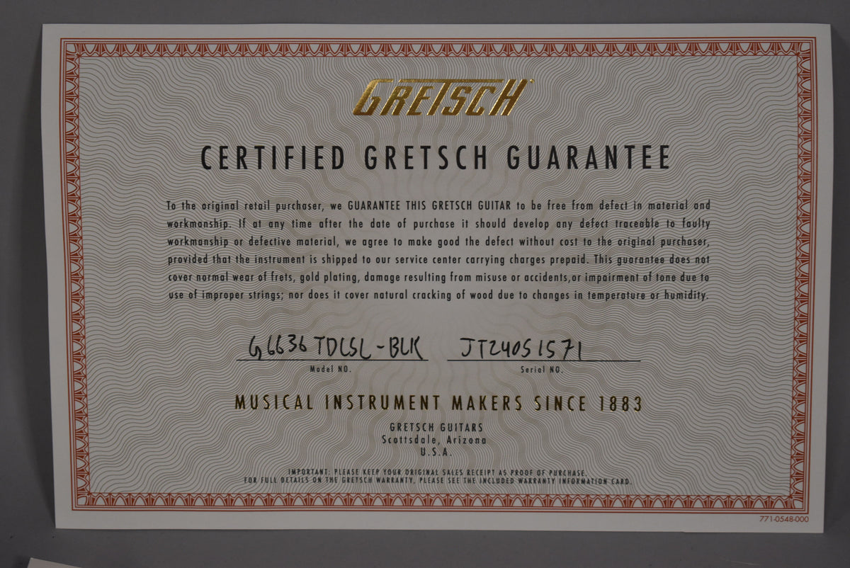 The Gretsch Certified Guarantee document is shown flat, with a red and gold border and gold Gretsch logo.