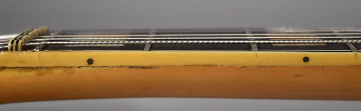 Close-up of the guitar's neck and fretboard from the side, showing binding with cracks and wear, and two dark dot inlays.