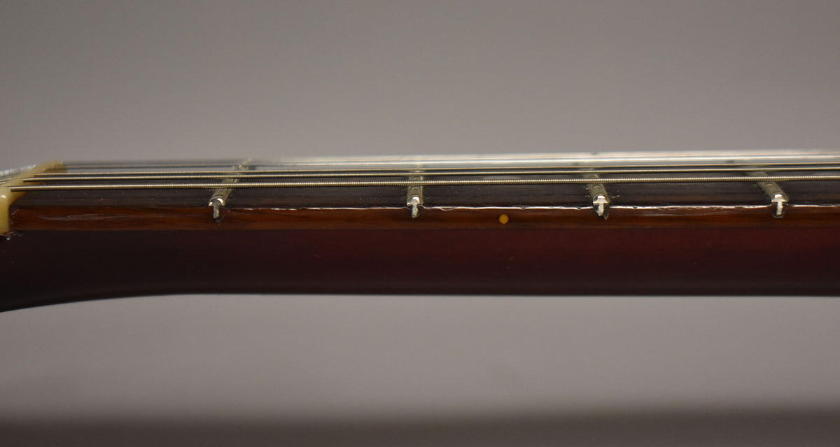 Close-up of the guitar's dark brown fretboard and strings, showing a small yellow dot inlay and some finish checking along the edge.