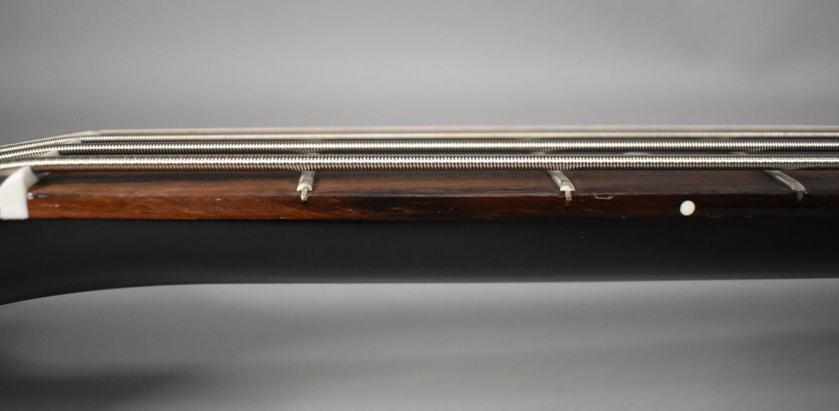 Close-up of the bass's dark brown fretboard and four silver strings, with a white nut and side dot visible.
