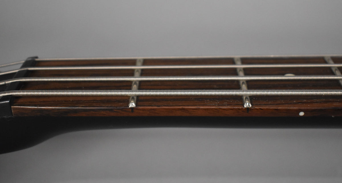Close-up of the bass's dark brown fretboard with four silver strings and frets, viewed from the side, showing white dot inlays.