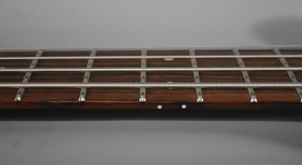 Close-up of the bass fretboard, showing dark wood, silver frets, and two white side dots.