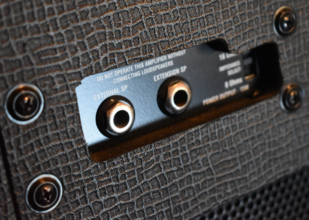 Close-up of the amp's textured black tolex, revealing two speaker jacks and a partially visible impedance selector switch on a black metal panel.