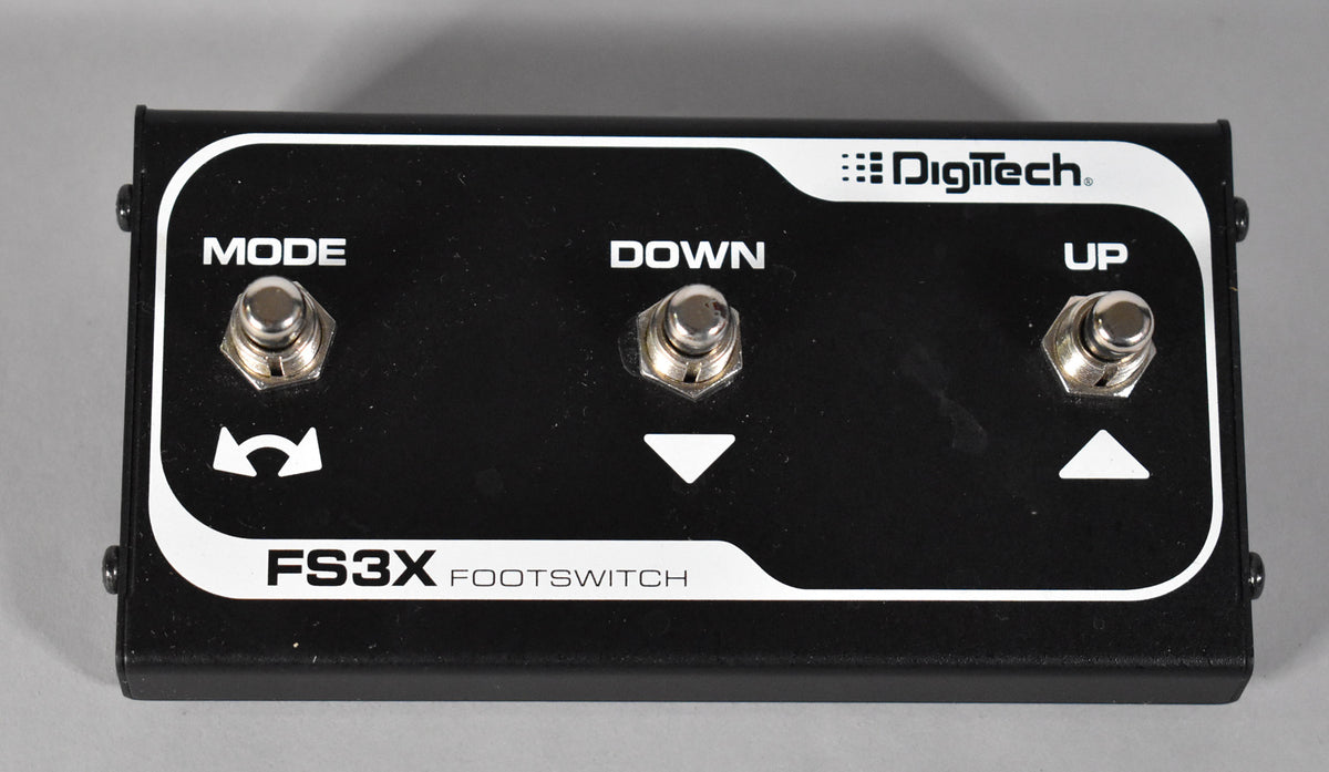 Black metal footswitch with three silver stomp buttons labeled "MODE," "DOWN," and "UP," shown from a slightly elevated angle.