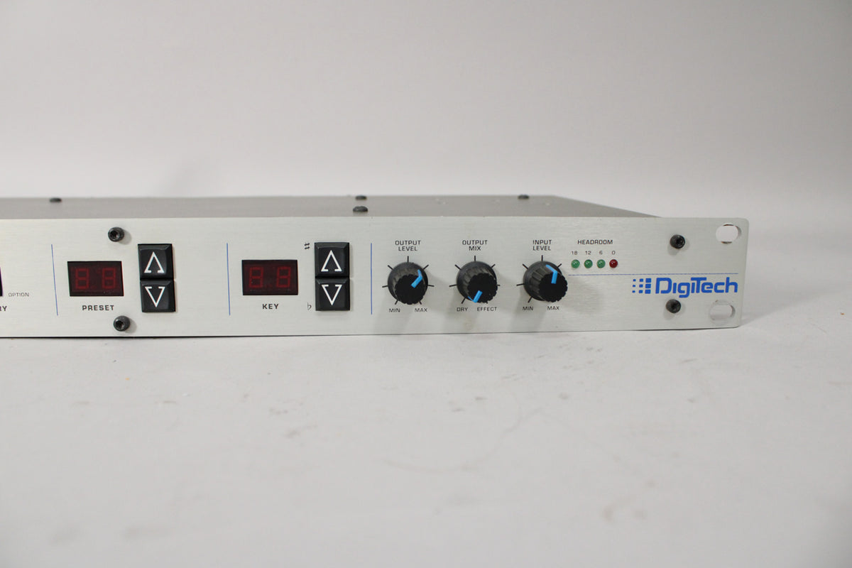 The silver rackmount unit's right side, showing three black knobs with blue indicators, a Headroom LED array, and two red digital displays.