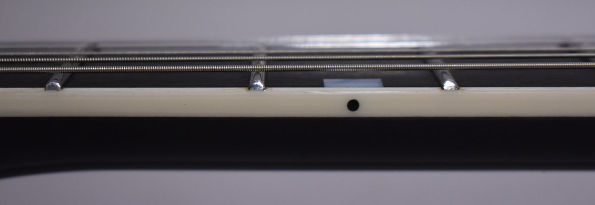 Close-up of the guitar's fretboard, showing the side dots, frets, and strings, with a light-colored binding.
