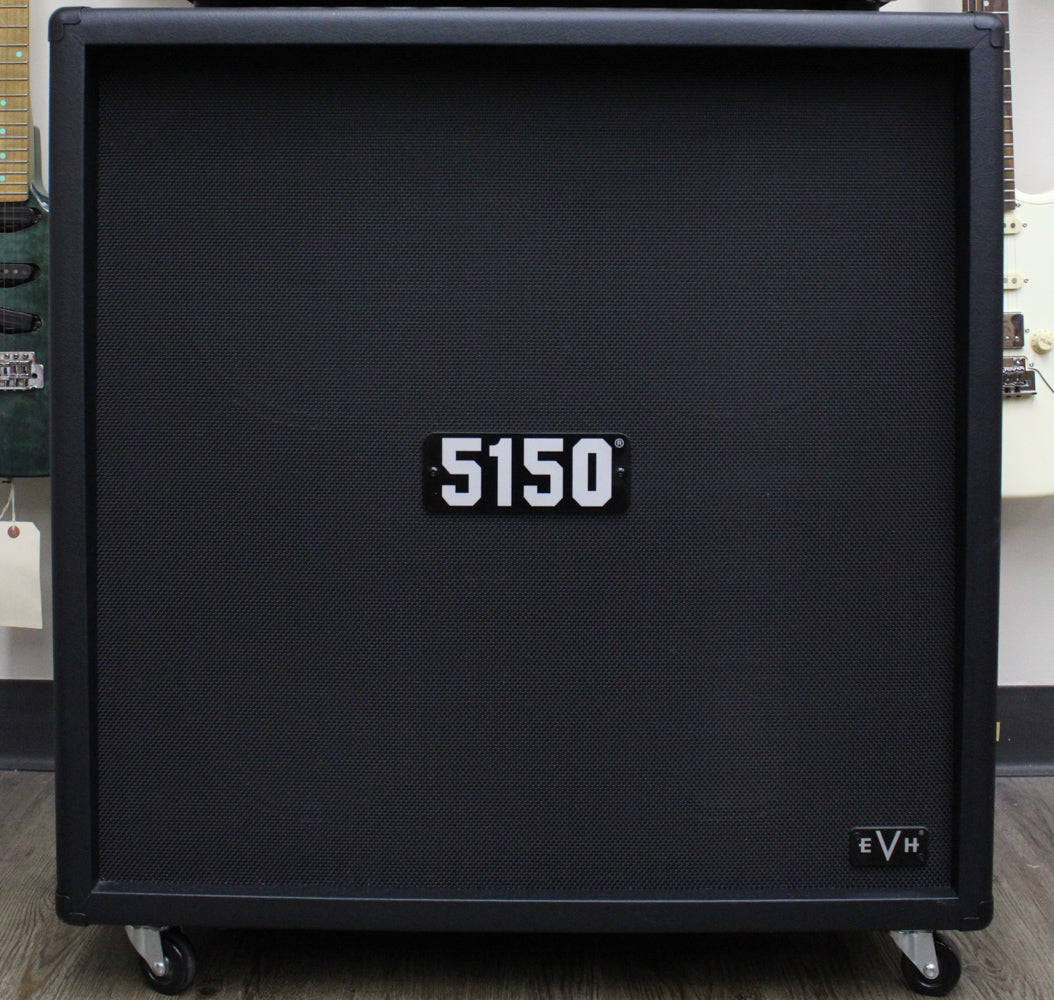 Front view of a black 4x12 speaker cabinet with a textured grille, "5150" in white on a black plate, and casters visible at the bottom.