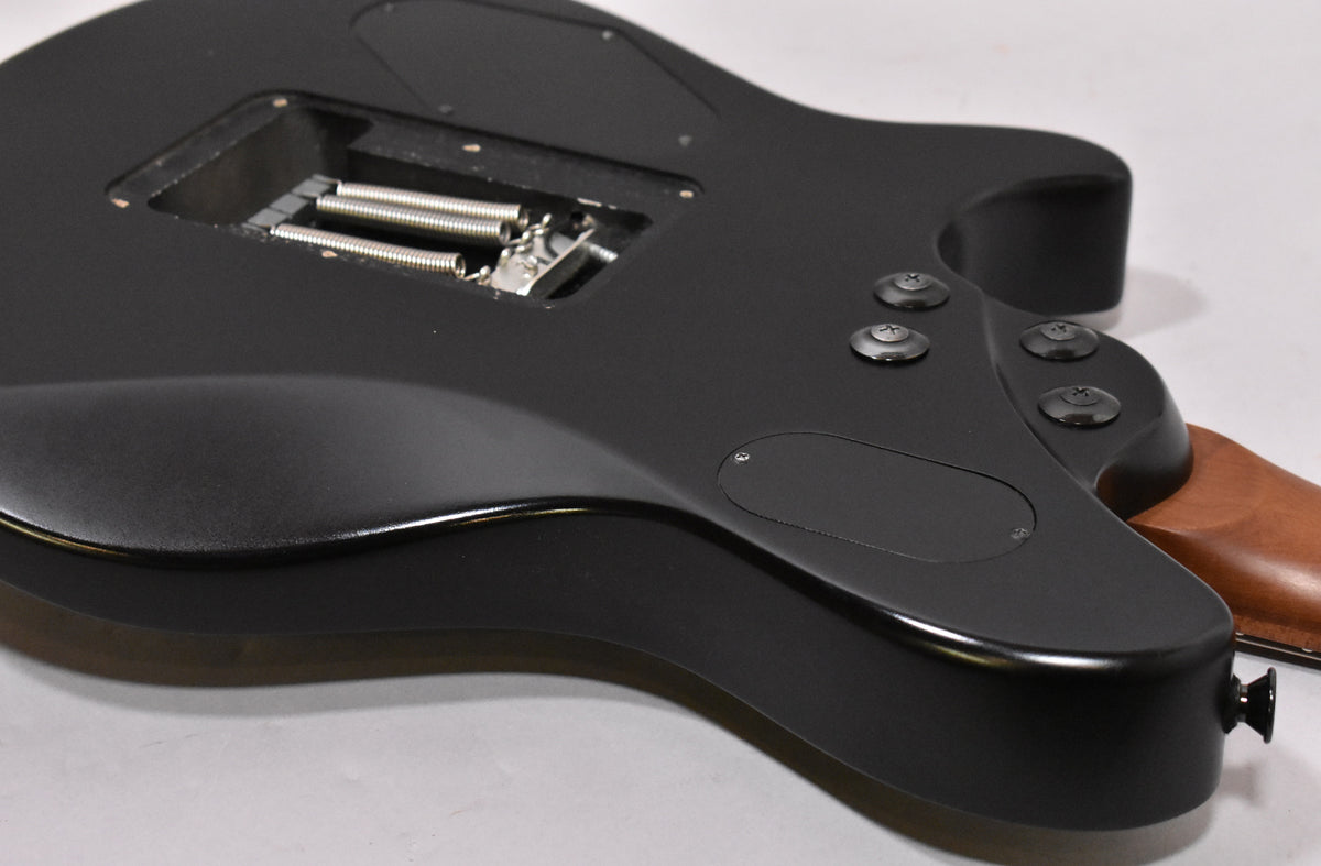 The back of a satin black electric guitar, showing the tremolo cavity with springs, control cavity cover, and neck heel.