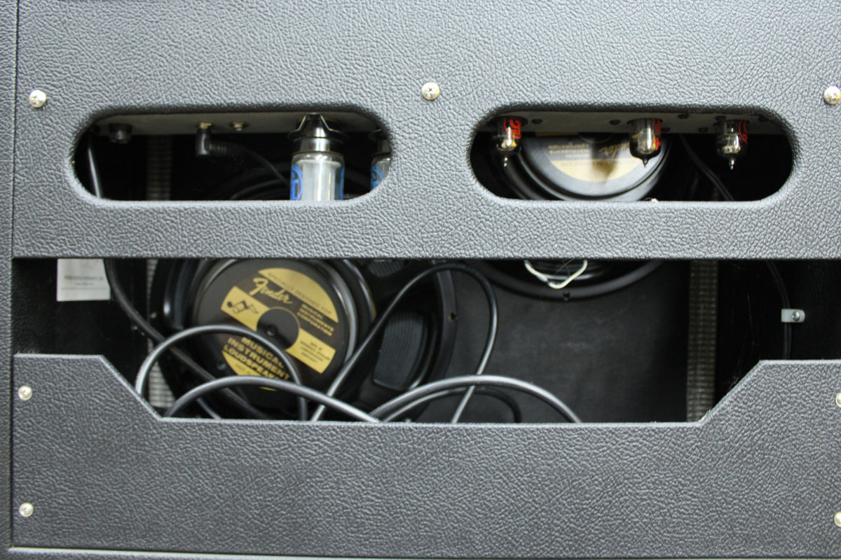 Rear view of the black textured amp, showing two upper vents with visible tubes and two lower openings revealing speakers and wiring.