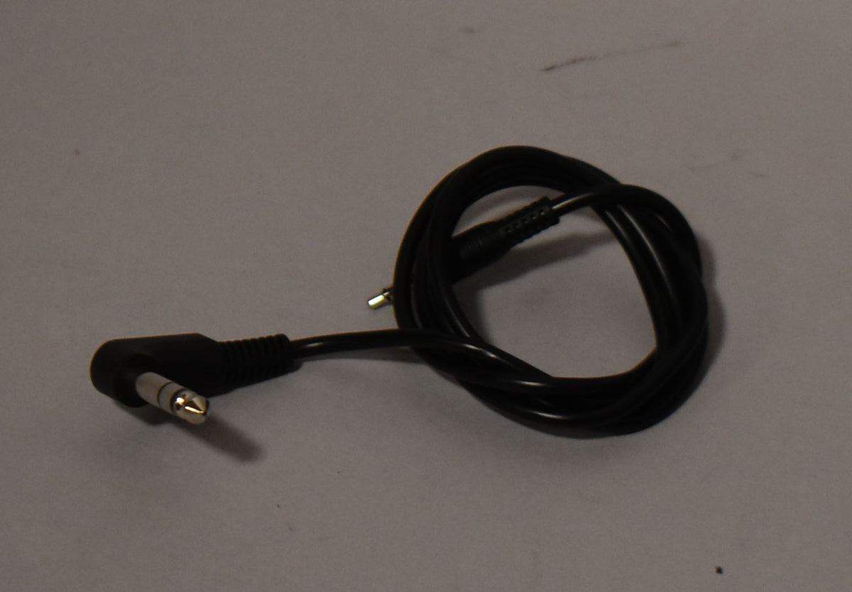 A coiled black cable with a right-angle 3.5mm stereo jack on one end and a straight 3.5mm stereo jack on the other.