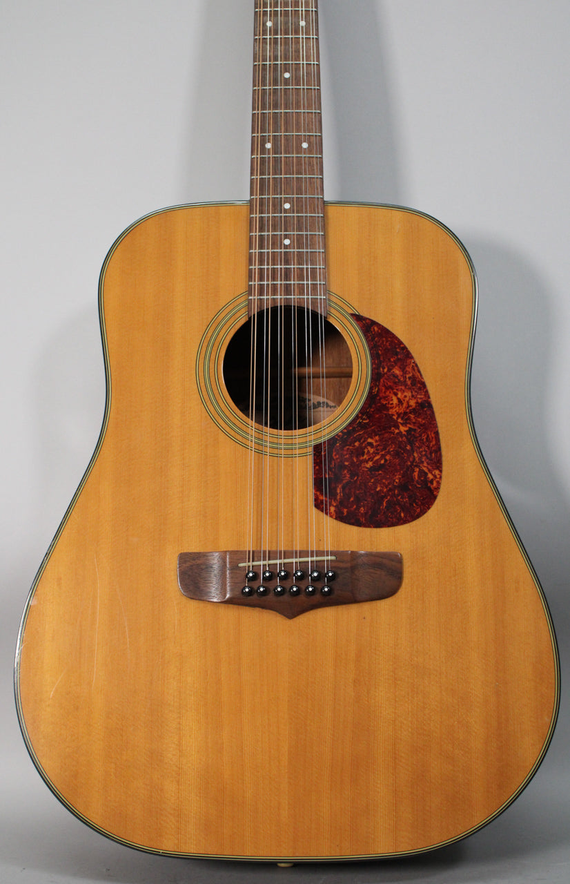 Full-front view of a light-wood 12-string acoustic guitar with a dark tortoiseshell pickguard and some light scratches on the body.