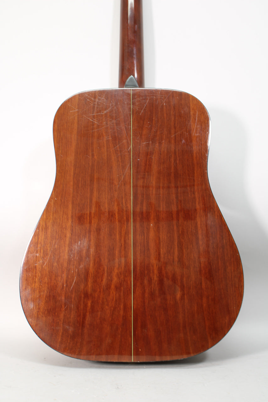 The guitar's dark reddish-brown back, with a center seam and visible scratches, is shown from the lower body to the neck heel.