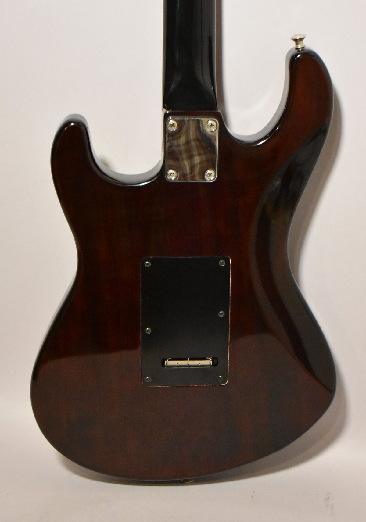 The guitar's dark sunburst back shows a black tremolo cover, chrome neck plate, and a strap button on the upper horn.