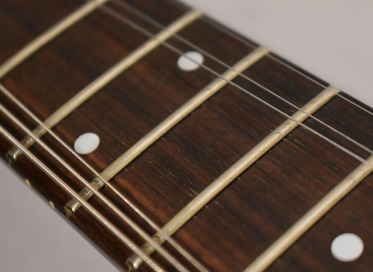 Close-up of the dark rosewood fretboard with white dot inlays, showing light wear on the frets and fingerboard.