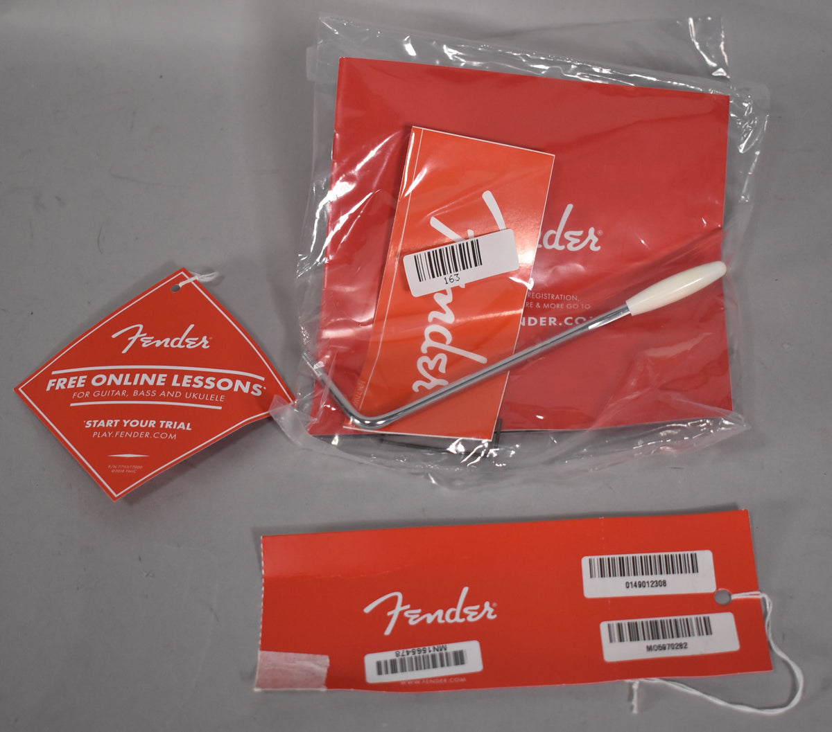 The guitar's accessories are shown: a tremolo arm with a white tip, a red hang tag, and a plastic bag containing paperwork.