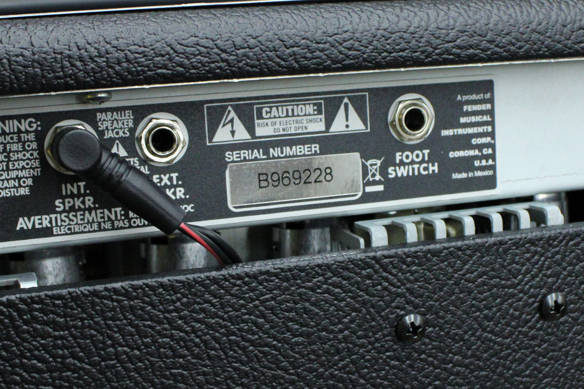 Close-up of the amp's black rear panel with speaker and footswitch jacks, serial number B969228, and a connected black cable.