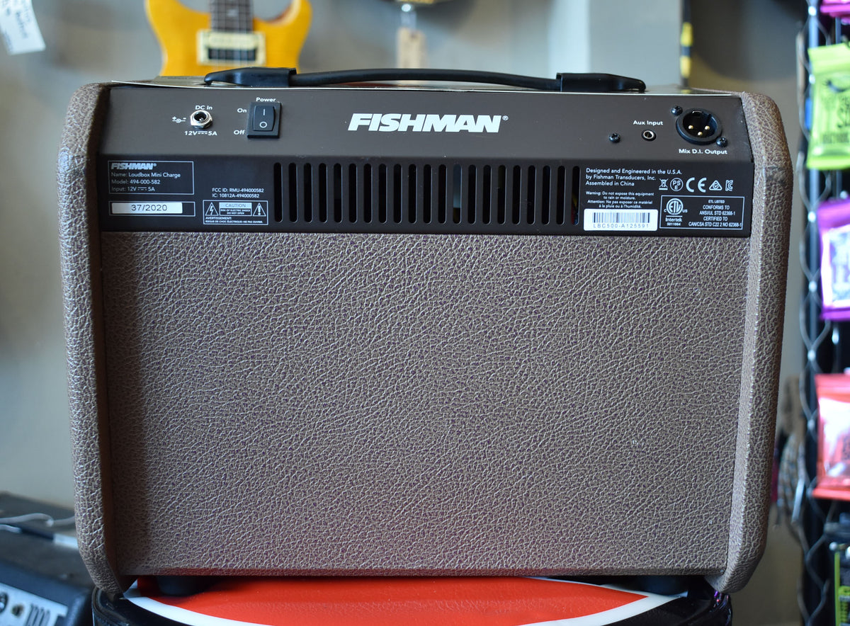The brown textured amp is viewed from the back, showing a power switch, DC input, Aux Input, and Mix D.I. Output.