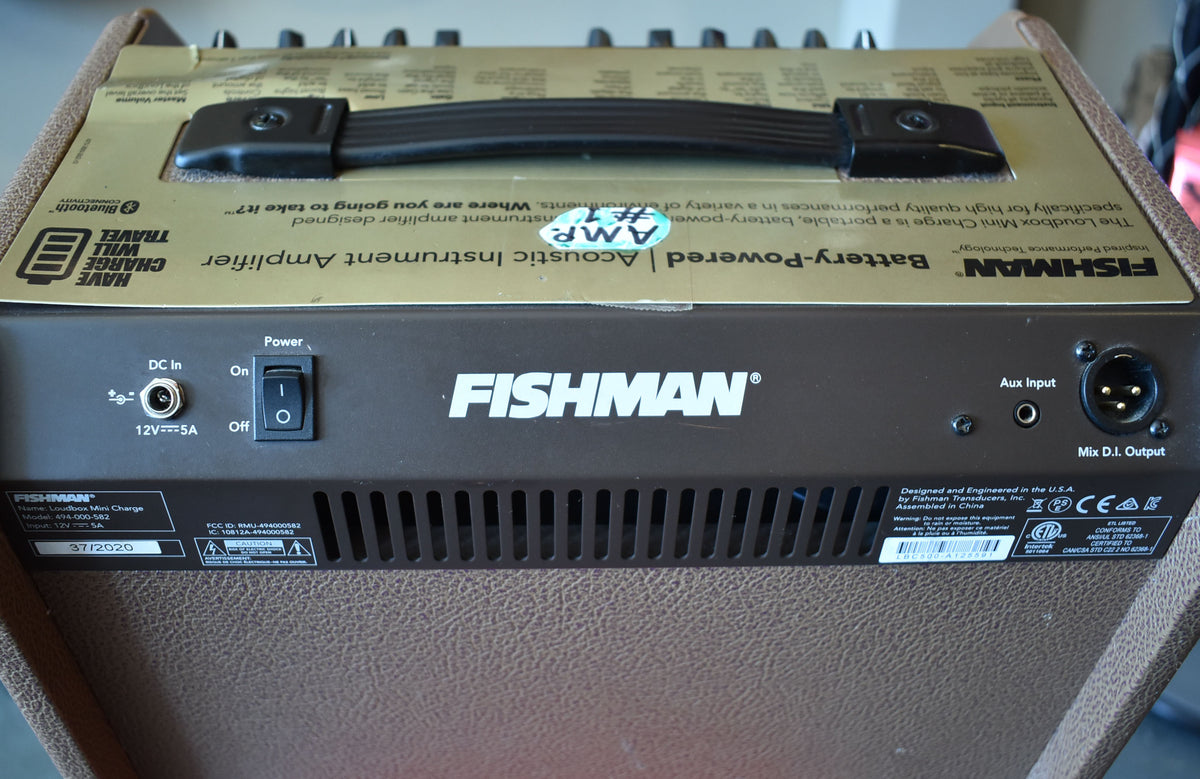 The brown textured amp is viewed from above, showing the dark brown rear panel with a power switch, DC in, Aux input, and Mix D.I. output.
