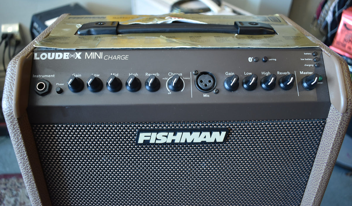 The brown textured amp is seen from above, showing the top control panel with black knobs, an instrument input, and a mic input.
