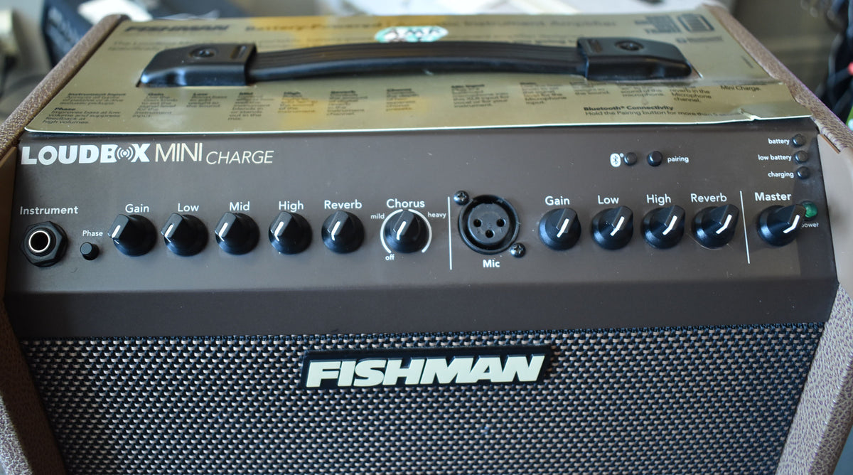 The brown acoustic amp is seen from the front, showing its dark brown control panel with black knobs, a speaker grille, and a top handle.