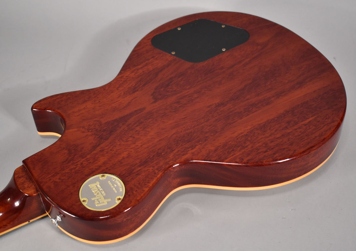 The guitar's mahogany back and neck heel are visible, with a black control cavity cover and a gold medallion near the neck joint.