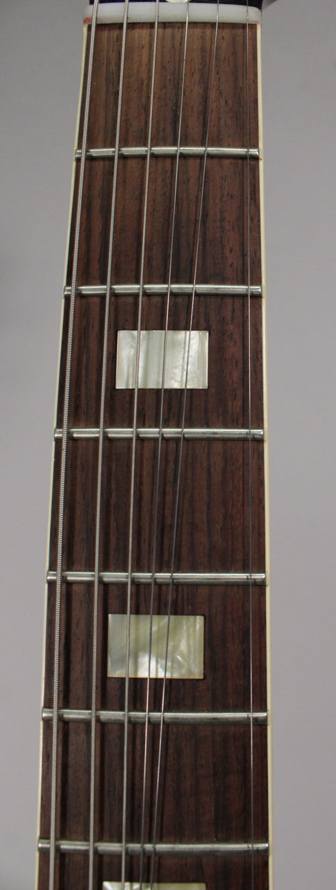 The guitar's dark rosewood fretboard is framed from the nut to the 10th fret, showing trapezoid mother-of-pearl inlays.