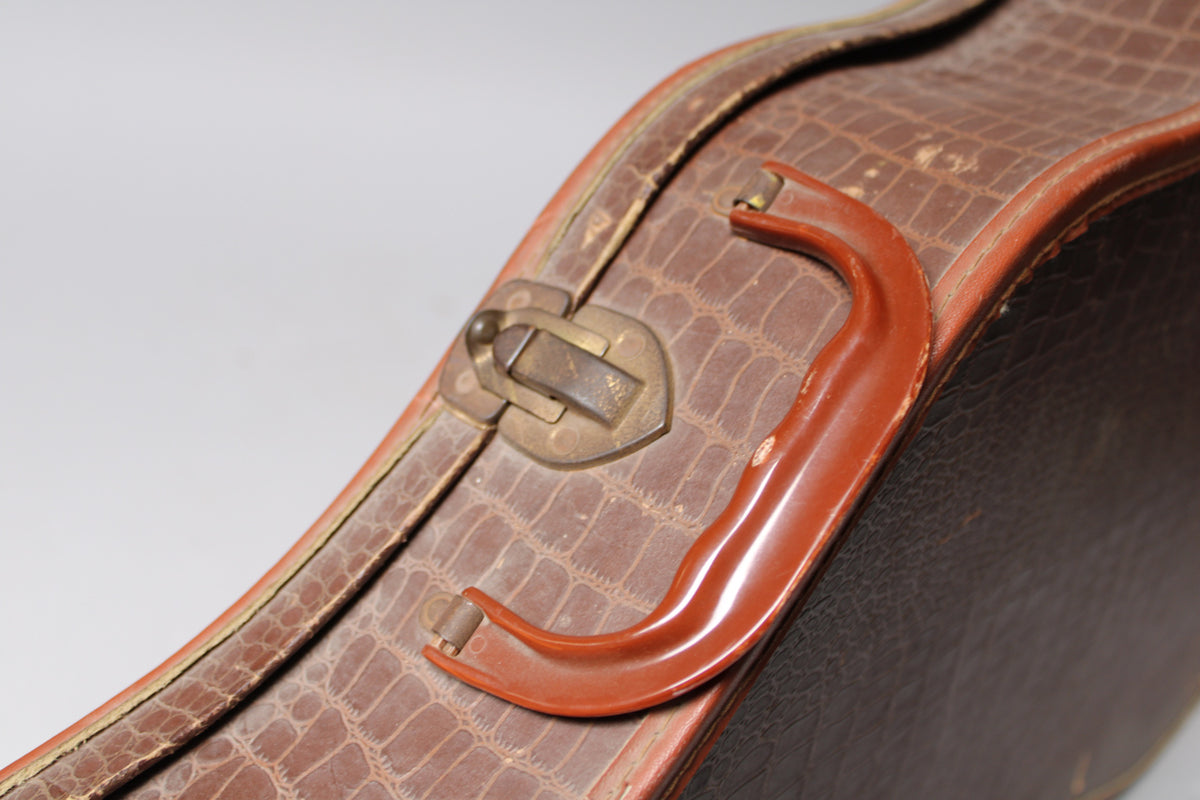 Close-up of the brown snakeskin-patterned case, showing the worn brass latch and the reddish-brown plastic handle.