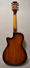 The back of a sunburst resonator guitar, showing the cutaway body, glossy neck, and six chrome tuners.