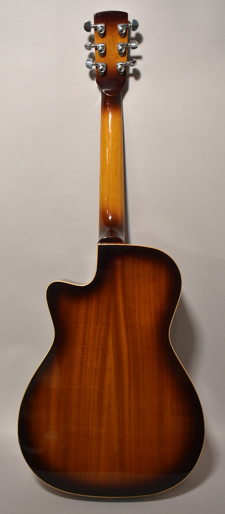 The back of a sunburst resonator guitar, showing the cutaway body, glossy neck, and six chrome tuners.