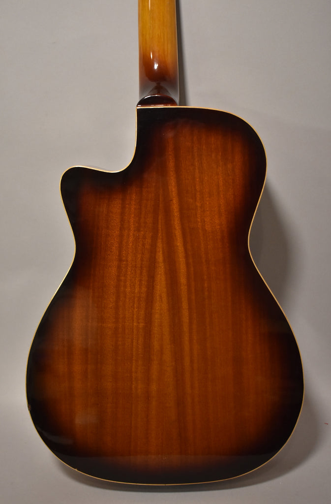 The resonator guitar's back and neck are visible, featuring a dark brown sunburst finish with a subtle wood grain.
