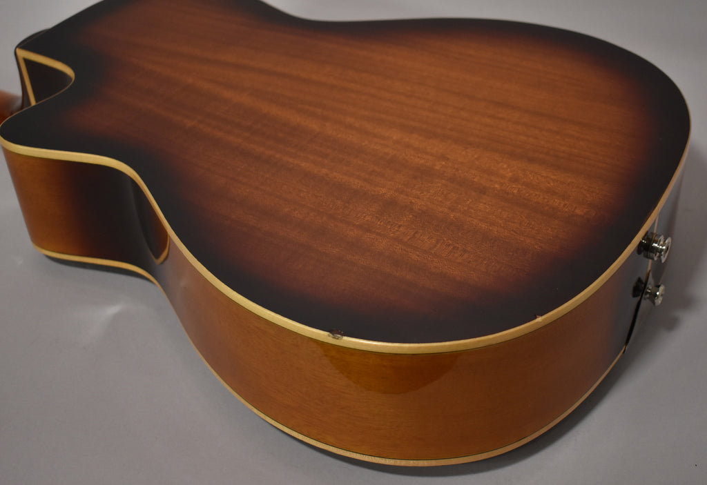 The resonator guitar's lower bout and cutaway are visible from the back, showing a dark brown sunburst finish with a small chip.