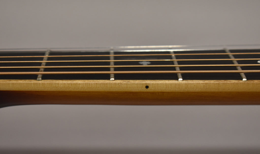 Close-up of the guitar's light brown neck and dark fretboard with copper strings, showing a single black dot inlay.