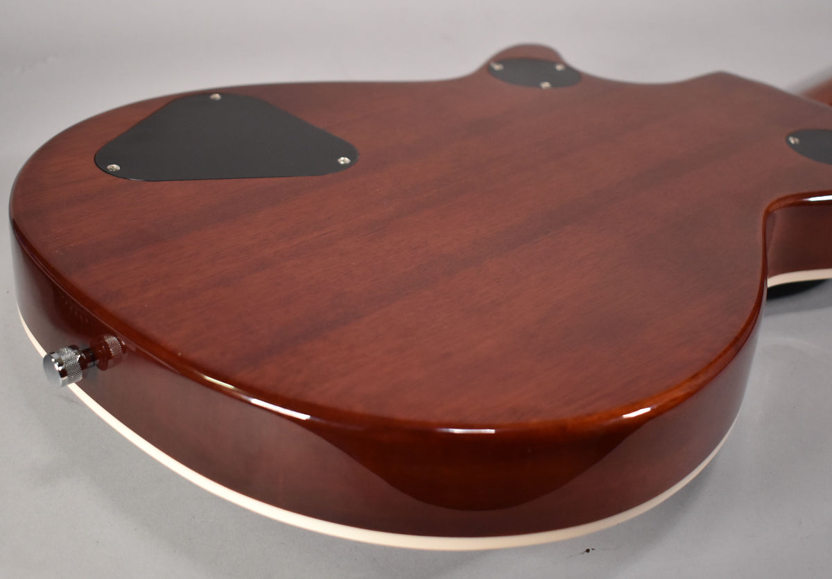 The guitar's dark cherry back, with visible wood grain, features two black control plates and a chrome strap button.