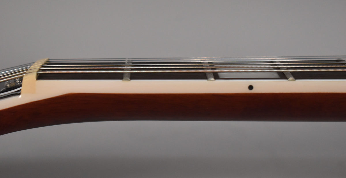 Close-up of the guitar's neck from the side, showing the dark brown wood, cream binding, frets, and a single black dot inlay.