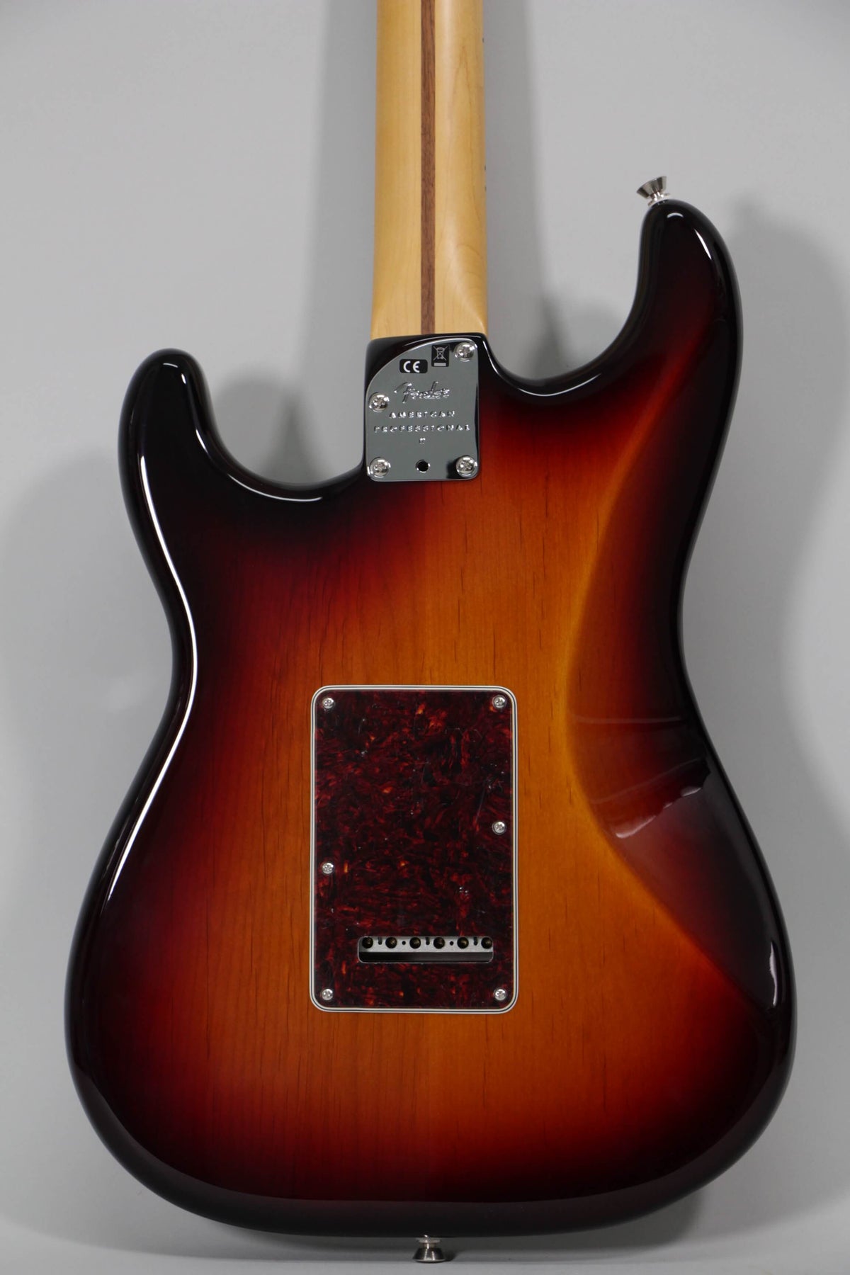 The guitar's sunburst back shows a tortoiseshell tremolo cover, chrome neck plate, and a light maple neck with a dark stripe.