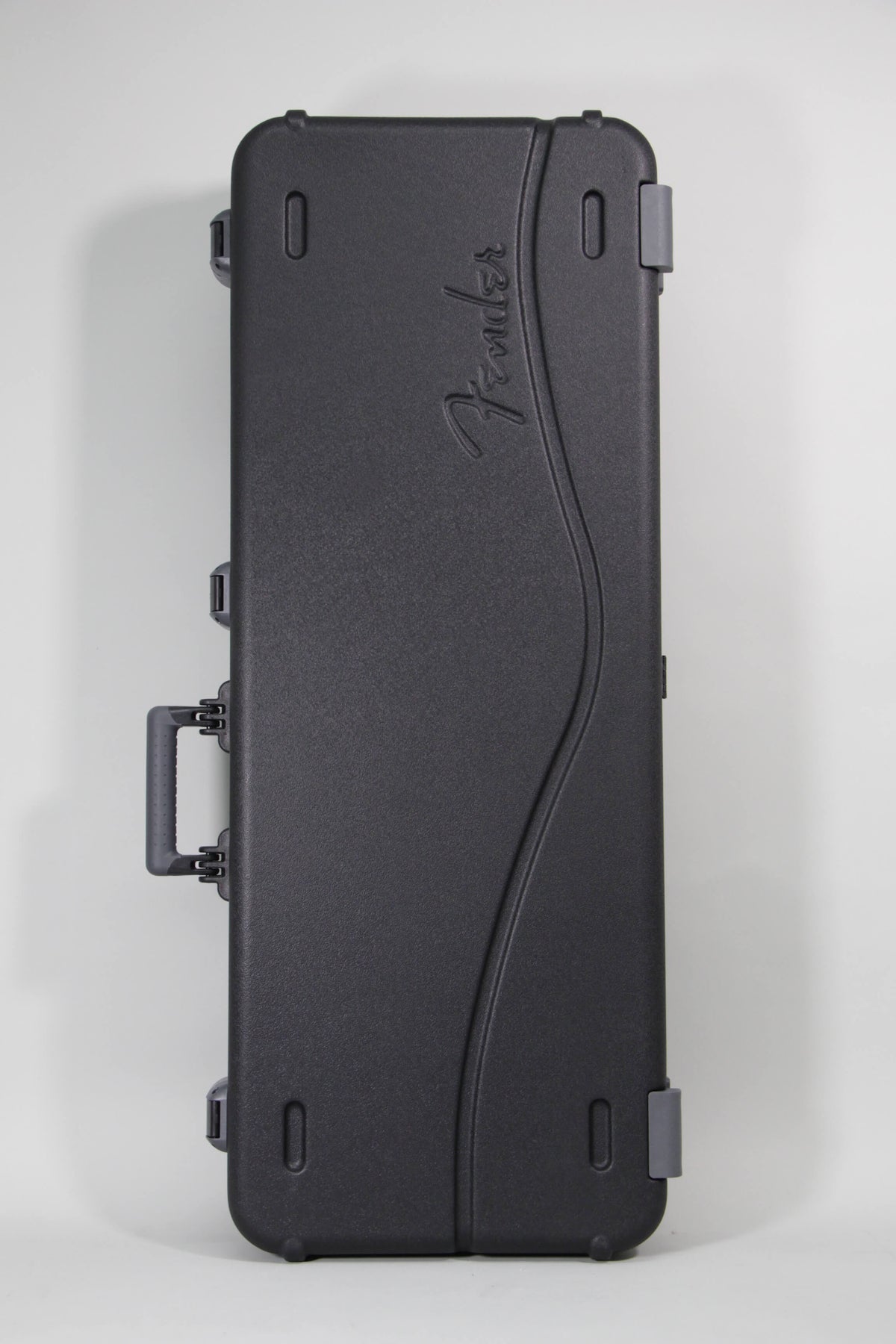 Top-down view of a black textured hard case with a raised script logo, grey latches, and a grey handle.