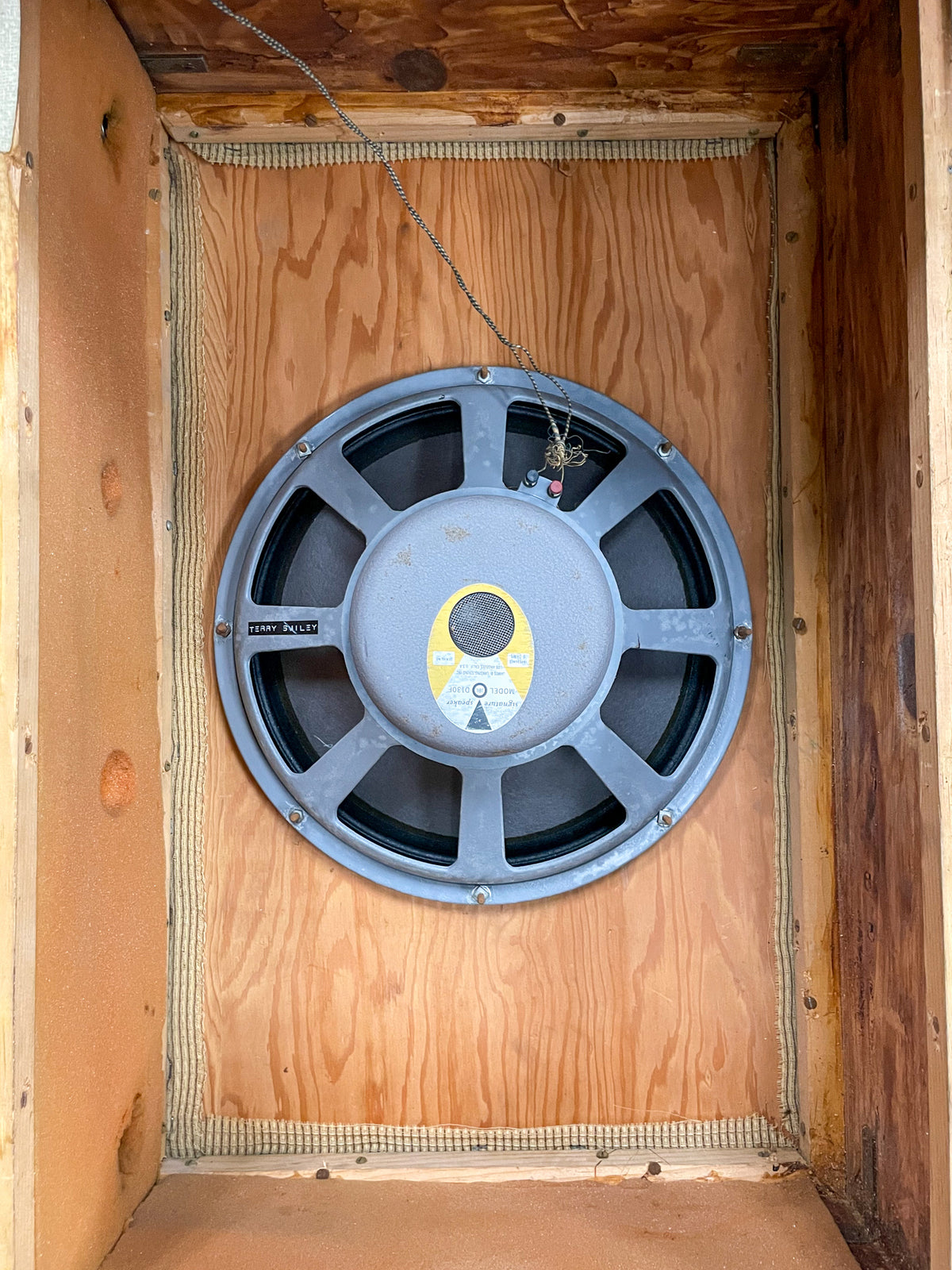 An overhead view into the open back of the speaker cabinet, showing the large gray speaker mounted to the light wood baffle.